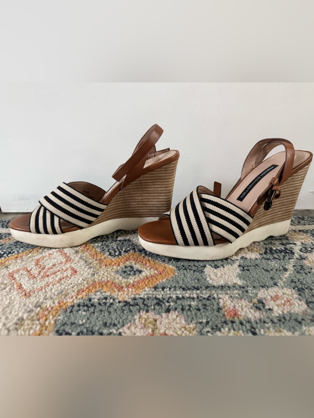 French Connection Black and White Striped Wedge Sandals with Brown Trim